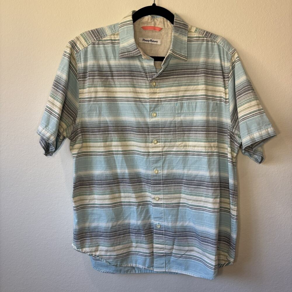 Tommy Bahama Button Up Shirt Men’s Serape Striped Blue Hawaiian Beach Cotton